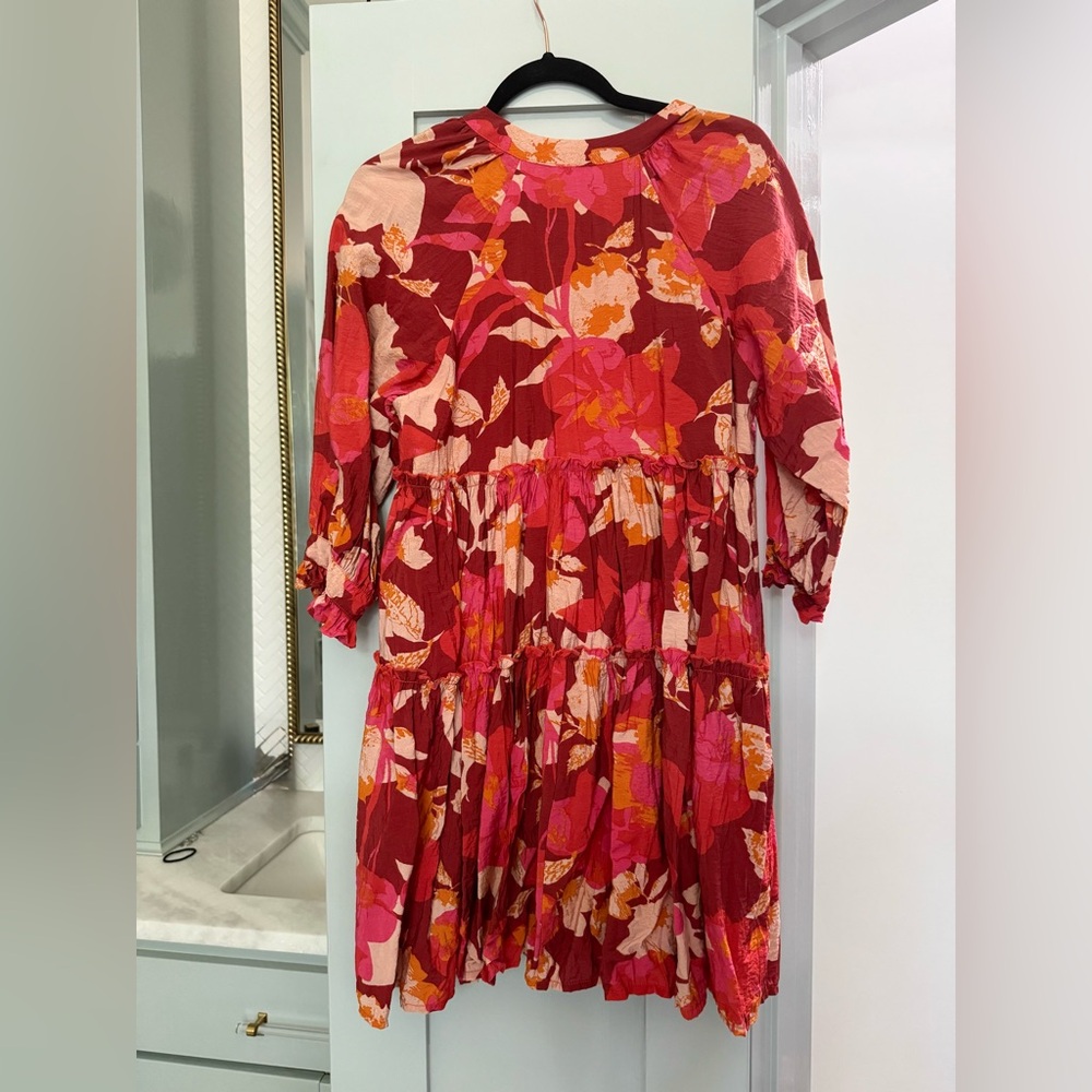 Fabrik Mini Floral Babydoll Dress Red Pink Orange 3/4 Sleeve size small EUC - Picture 8 of 8